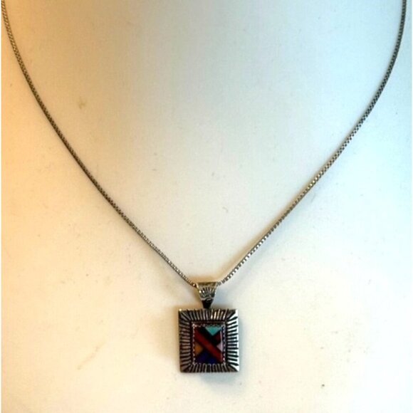 Vintage QT Sterling Silver Inlaid Multi Stone Pendant Necklace Art to Wear 18" - Picture 8 of 8